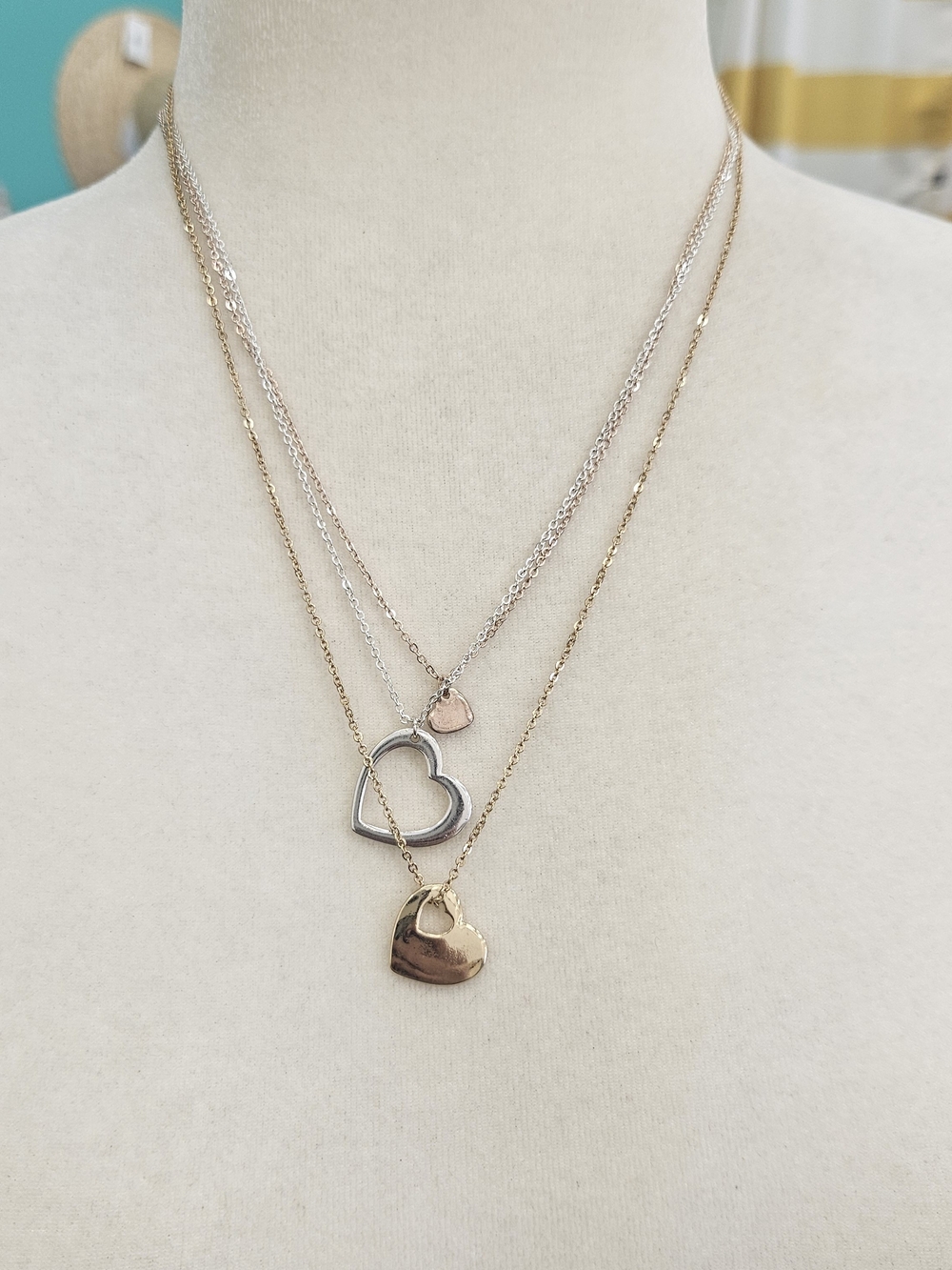 Layered Heart Pendant Necklace - Gold & Silver